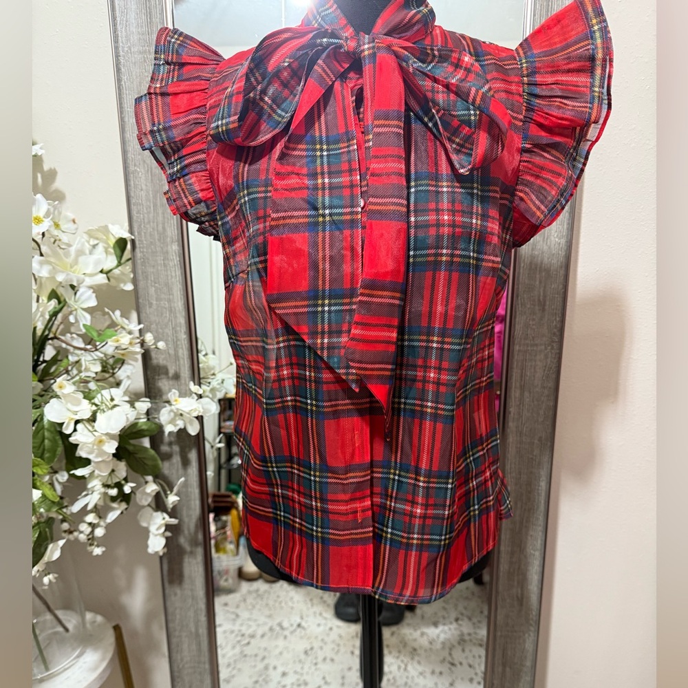 New York & Company Vibrant Red Plaid Blouse